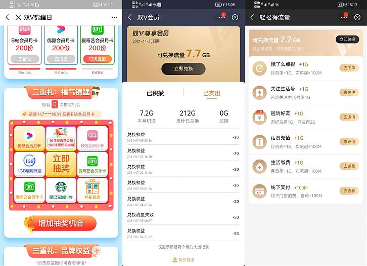 移动开通双v会员每个可以兑换10g流量